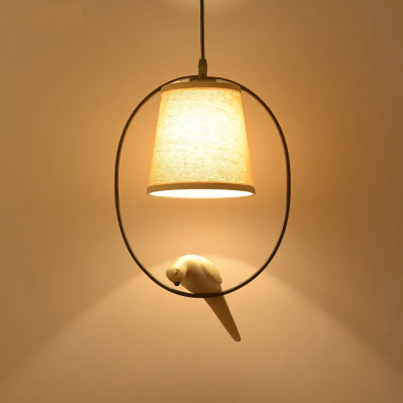 

Nordic 3D Resin Bird Led Pendant Light Linen Fabric Shades Europe Minimalism Suspended Lamp For Dining Room Bedroom