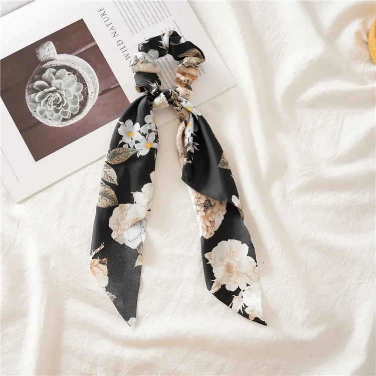 Bestilk 2021 New Satin Floral Print Women\'s Hair Scrunchie Elastic Hair Large Scarf Bands Hair Tie Rubber bands for Girls