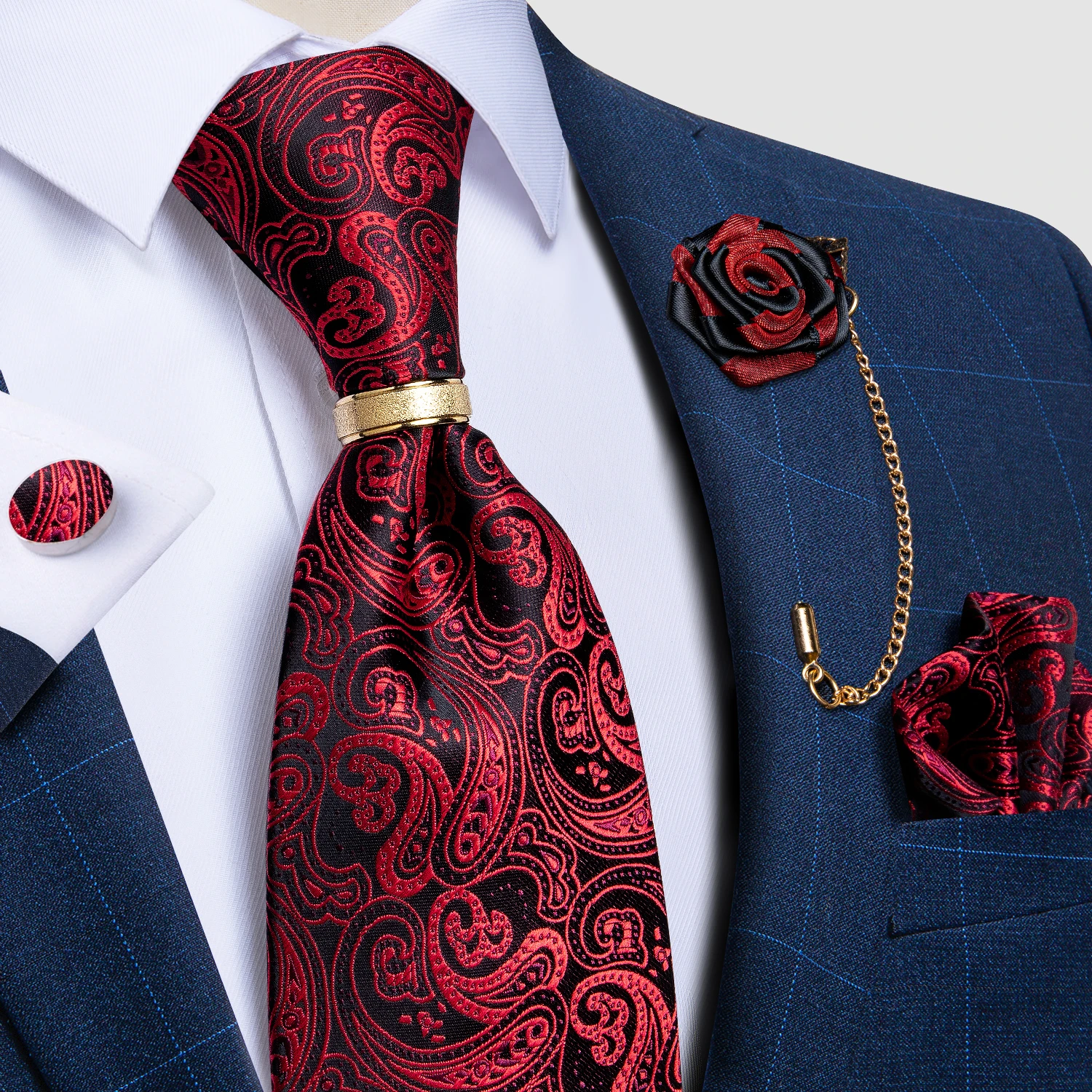 Luxry Tie Red Paisley Black Men's Ties Wedding Accessories Neck Tie Handkerchief Cufflinks Lapel Pin Gift For Men DiBanGu