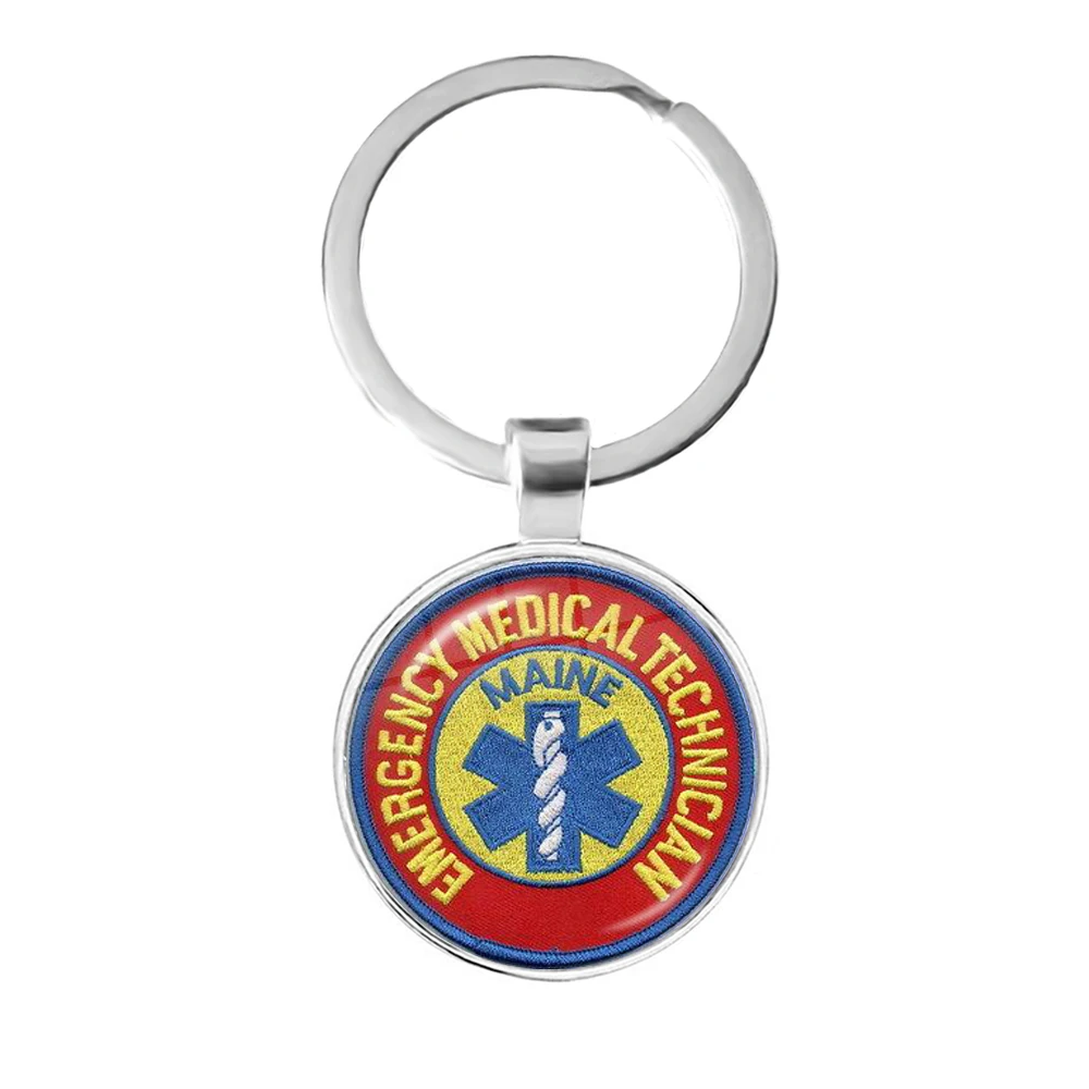 Emergency Medical Technician Paramedic Symbol Logo keychain Glass Cabochon Blue Star of Life EMT Sign Key Rings Holder For Gift