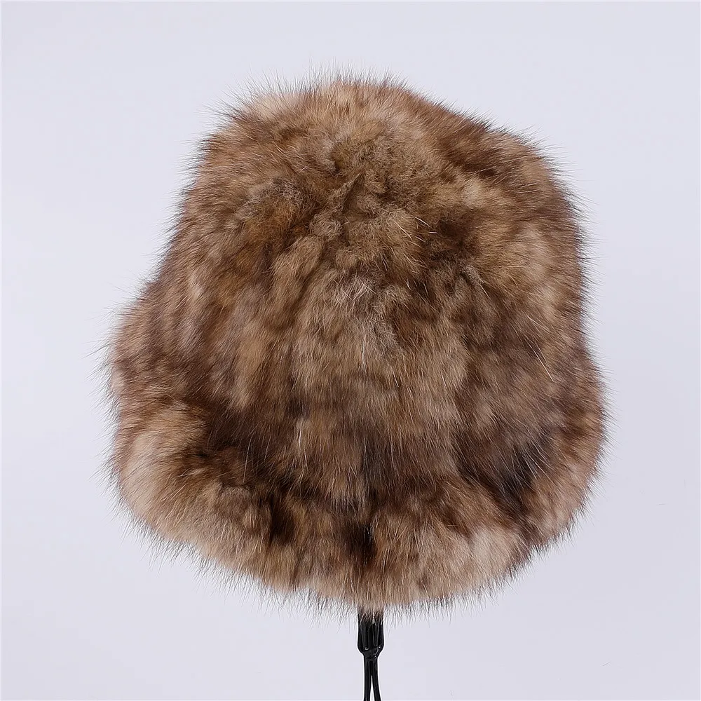 Highend Women\'s Winter Knitted 100% Real Sable Fur hat Fur Top Bucket Cap Female Warm Thick