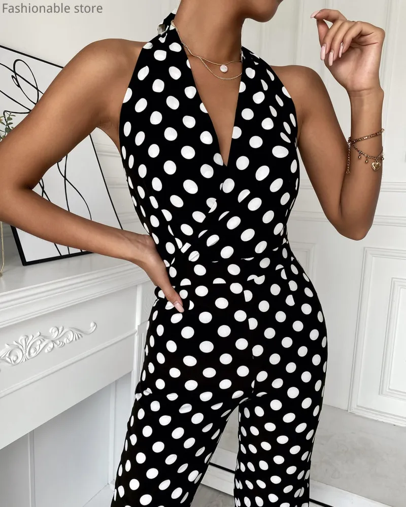 Women Polkadot Print Halter Rompers Sexy Sleeveless Backless Lace-up Calf-length Jumpsuits