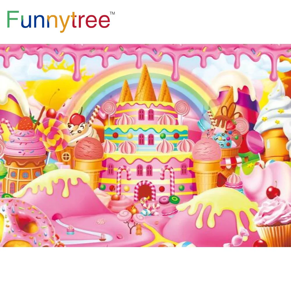 Funnytree Pink Candyland Theme Backdrop Girl Lollipop Donut Candy Castle Birthday Party Supplies Custom Decor Background Banner