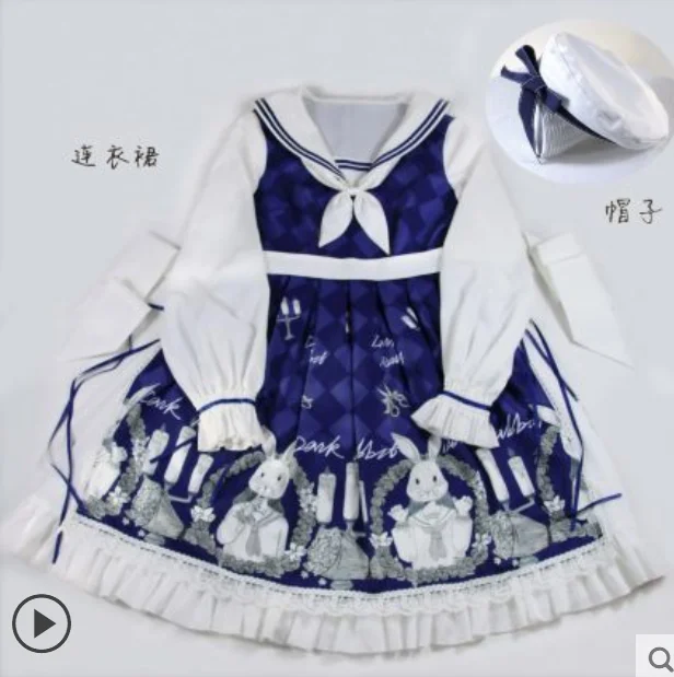 JK Navy Uniform Lolita Rabbit Cute England college style sweet lolita dress retro  bowknot printing victorian Japanese Vestidos