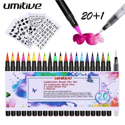 Umitive 20 Colours Watercolour Brush Pen Set with 1 Refillable Blending Water Brush Pen Soft Flexible Tip for Adult Coloring