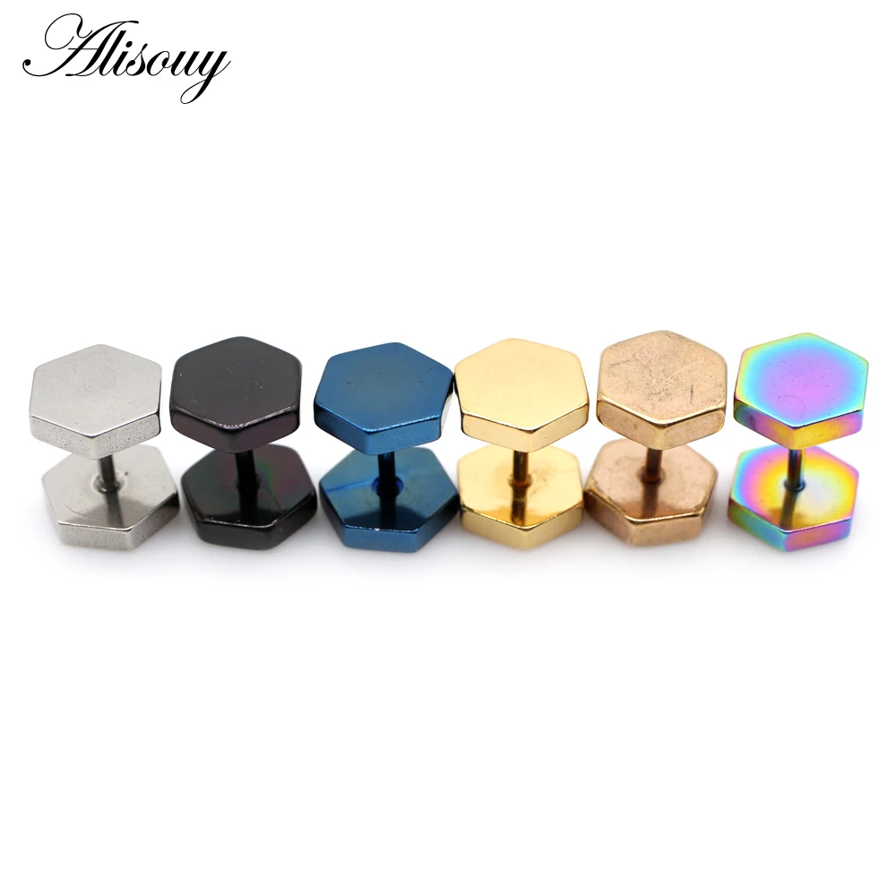 Alisouy 2pcs Punk Black Blue Color Stainless Steel Unisex Women Men Hexagon Dumbbells Screw Ear Studs Earrings Piercing Jewelry