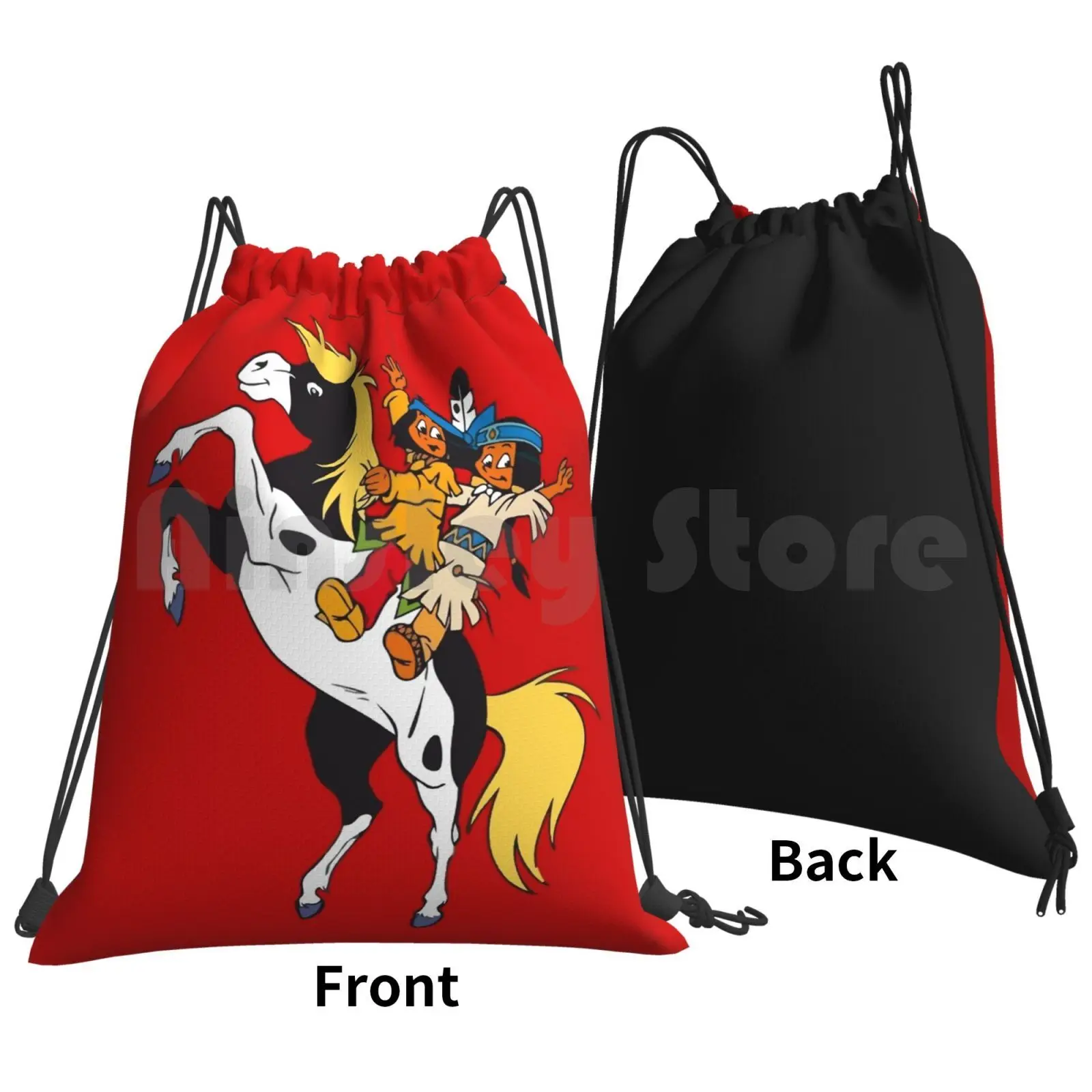 Yakari And Rainbow On Horse / Red Backpack Drawstring Bag Riding Climbing Gym Bag Popular Comic 50 60 70 Retro Vintage