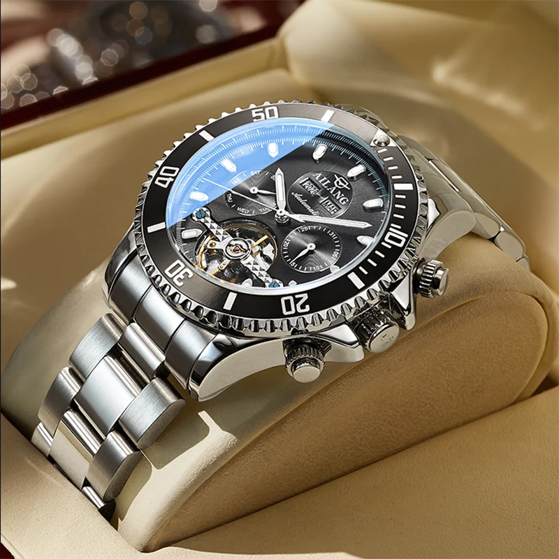 Ailang genuíno multi-função relógio masculino oco relógio mecânico automático luminoso à prova dtide água maré marca relógio masculino