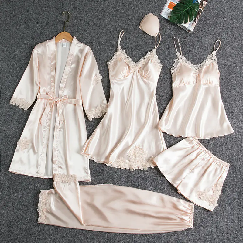 Female 5PCS Pajamas Set Sleepwear Satin Pyjamamas Lace Patchwork Bridal Wedding Gift Nightwear Silky Homewear Nighty&Robe Suit