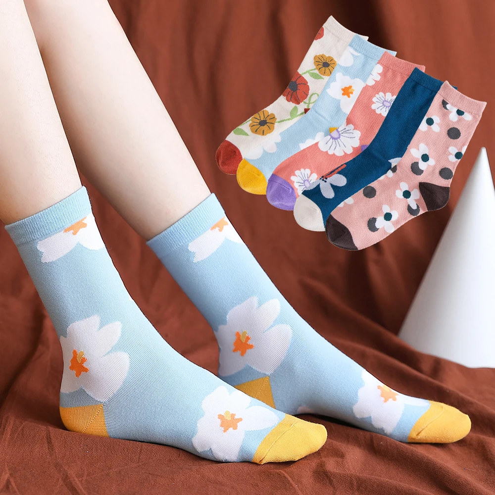 Salina Women's Cotton Socks Winter Spring New Year Variety of Colors Art Flower Pattern Leisure Sports Comfortable Fashion