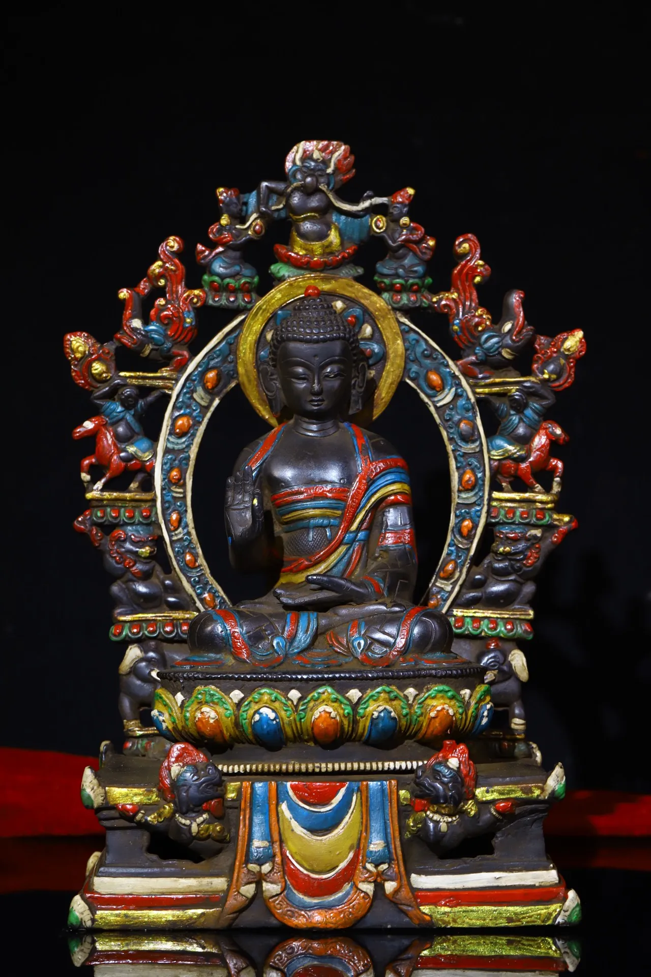 

11"Tibetan Temple Collection Old Bronze Cinnabar Painted Shakyamuni Buddha Backlight Buddhist Niche Worship Hall Town house