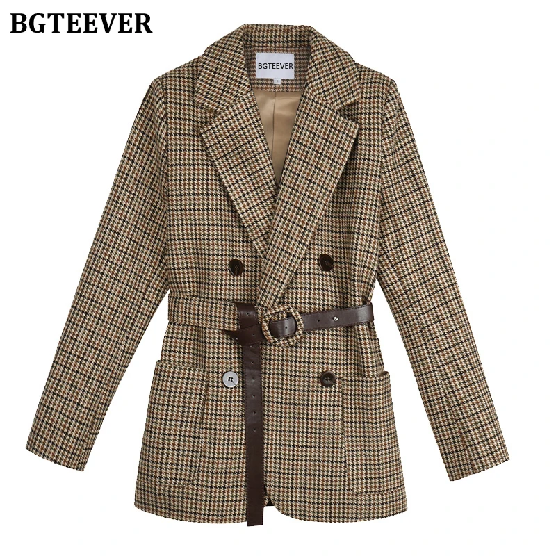 BGTEEVER Blazer da donna Vintage pied de poule fusciacche giacca da abito femminile scozzese doppio petto tasche a manica lunga blaser femme 2020