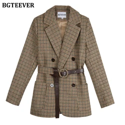 BGTEEVER-jaqueta xadrez Houndstooth feminina, blazer de manga longa feminino, faixas vintage, terno grosso com cinto, inverno de 2021