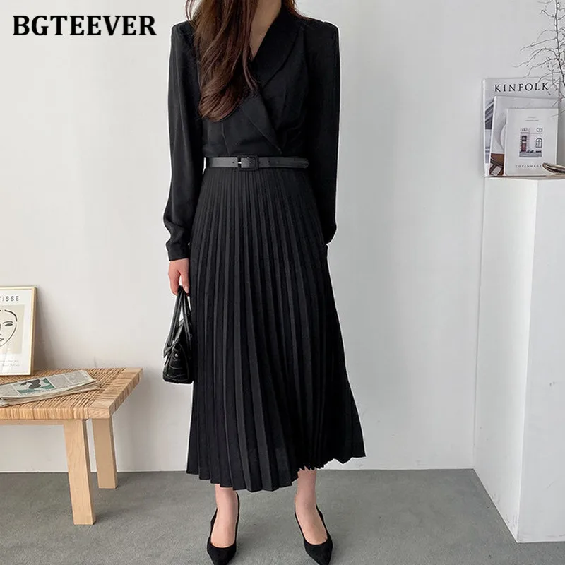 BGTEEVER Spring Chic Ladies Pleated Dress Elegant Lapel Women Mid-length Vestidos Long Sleeve Belted Summer Female Dress 2021