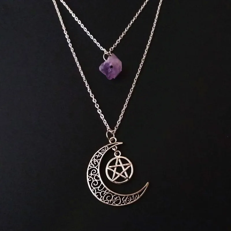 Witch Layered Violet Crystal and Moon Necklace Pentagram Raw Crystal Gothic Punk Jewellery Statement Charm Fashion Women Gift