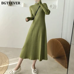 BGTEEVER Elegant Warm Half Turtleneck Ladies A-line Sweater Dress Full Sleeve Slim Waist Women Knitted Mid-Calf Vestidos Autumn