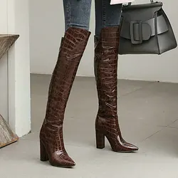 Black Brown Wine Red White Women Over the Knee Boots Patent PU Leather Women Winter Shoes Fashion Pointed Toe Square Heel Shoes