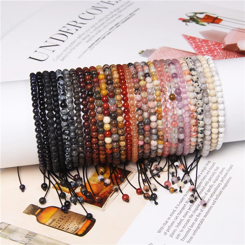 4mm Minimalism Handmade Women Pink Red Colorful Natural Stone Rope Bead Woven Bracelet Adjustable Wrap Bracelet Friendship Gift