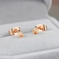 ZHOUYANG Stud Earrings For Women Mini Concise Round Zircon Crystal Rose Gold Color Daily Comfort Gift Fashion Jewelry E535