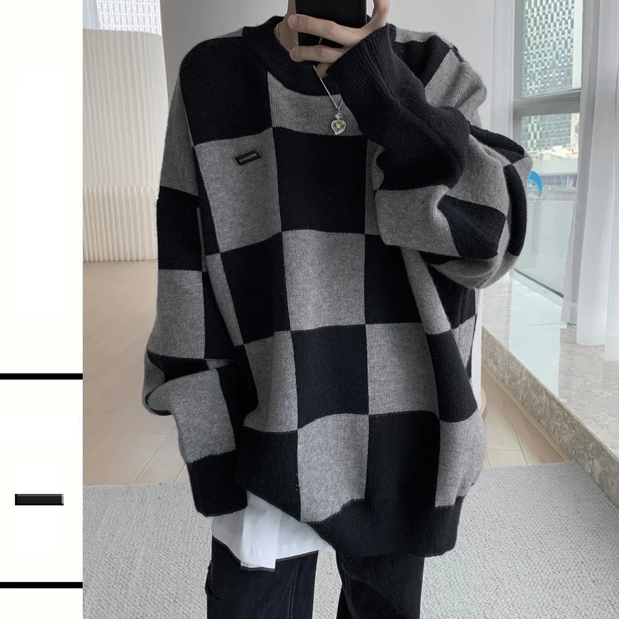 

Dark Checkerboard Design Thick Sweater Vintage Sweaters Men Loose Handsome Trend Knit Pullover 2021 Autumn Winter New Mens Tops