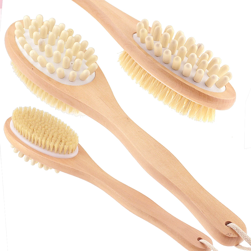 2-in-1 Body Brush Sided Natural Bristles Body Brush Scrubber Long Handle Wooden Spa Shower Brush Bath Massage Brushes