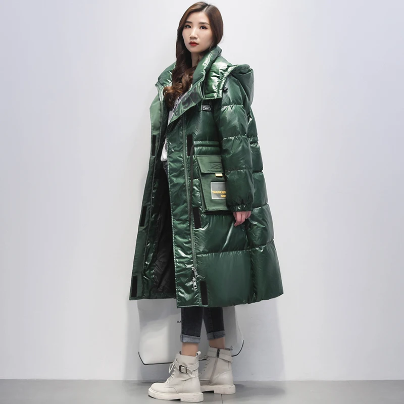 Winter Glossy Down Coats Female Thicken Warm Parka Jacket Womens Long Loose White Duck Down Coats Women Hooded Black Jacket Coat