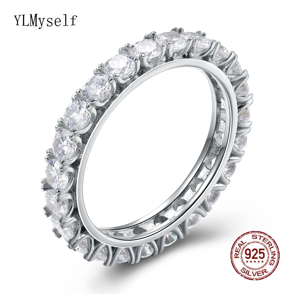 Stunning Full 3/4mm Shiny Zirconia Engagement Jewellery Eternity Promise Tennis Wedding Jewelry Real 925 Sterling Silver Rings