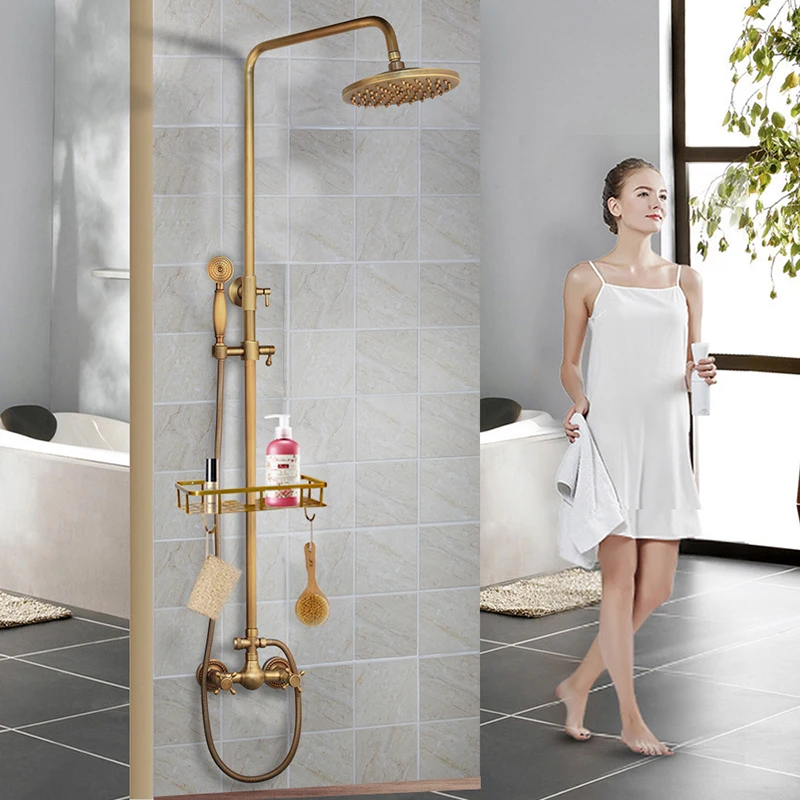 Monite Antique Brass Bathroom Shower Faucet Set Wall Mount Rainfall 8 Inch Round Head 2 Functions Hand Shower Mixer Tap w/ Shelf