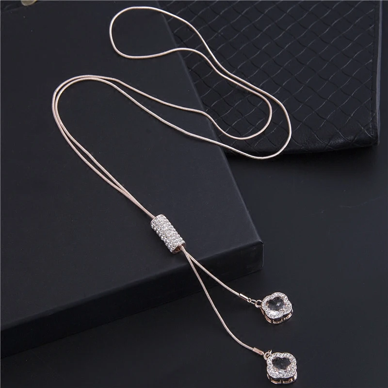 Fashion Leaf Necklace Pendant Long Sweater Twist Chain Necklaces Crystal Jewelry Clover Necklace For Women