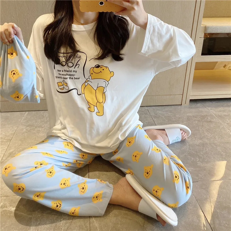 Pijamas estampados com margaridas femininos, pijamas para primavera e outono com desenho de manga longa, calças compridas, roupas de casa da disney