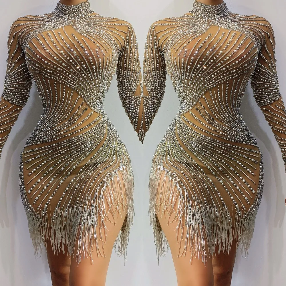 

women sexy costume sparkly diamond Pearl dress dance nude Fringe long sleeve Tightshort dress customes