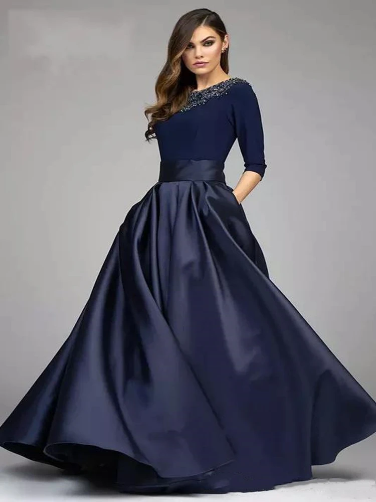 Navy A Line Mother of the Bride Groom Dresses With Half Sleeves Beaded Long Evening Formal Gowns Custom Made Mother's Dress