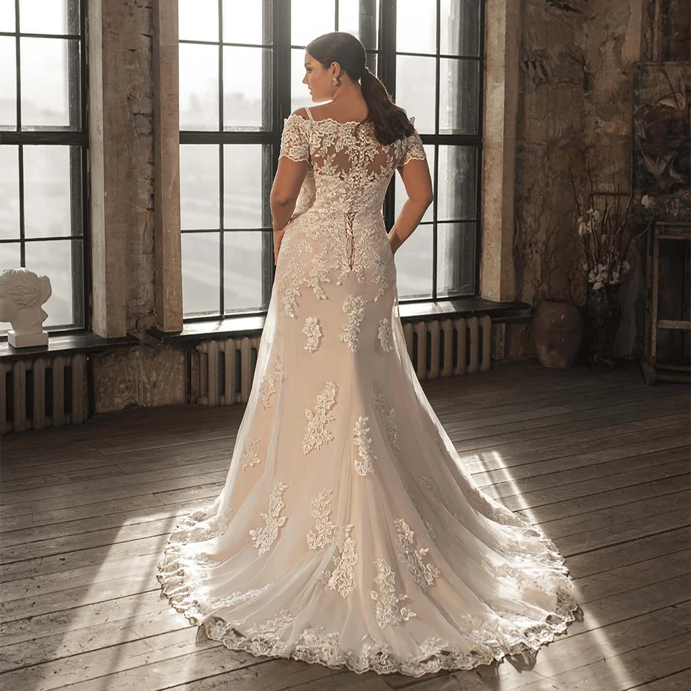 2022 vestidos de casamento tamanhos grandes elegante fora do ombro com decote em v laço delicado applique varredura trem sereia vestidos de noiva