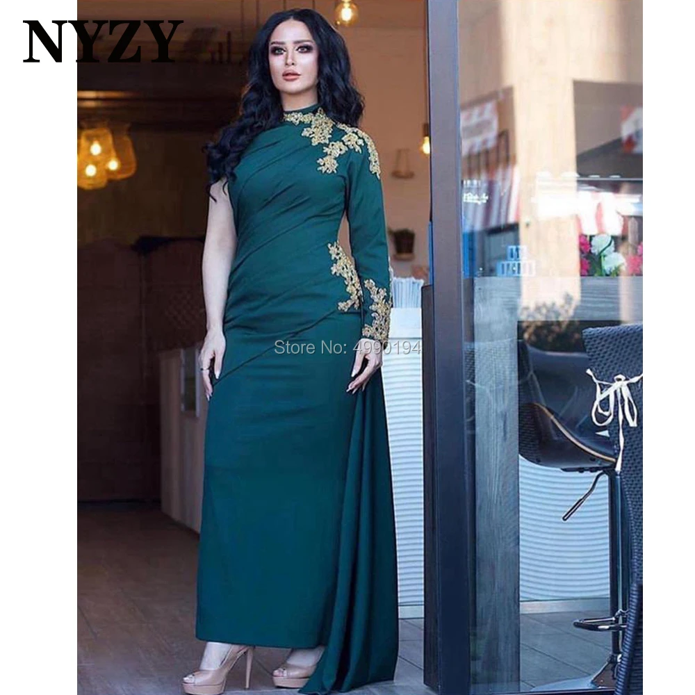 

NYZY E322 Chic Satin One Long Sleeve Gold Lace Appliques Dubai Muslim Evening Dresses Simple