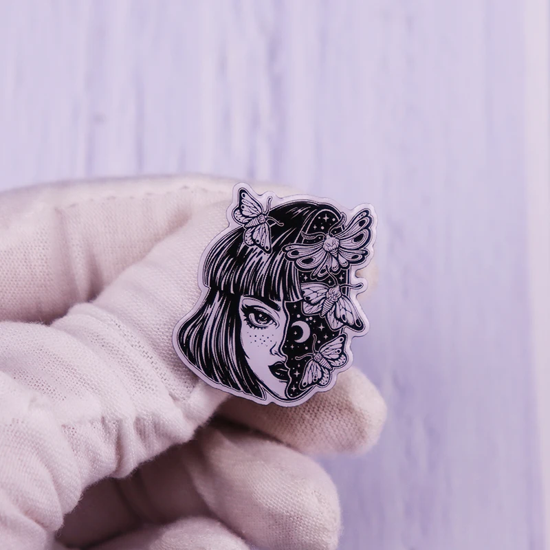 Magic Girls Head As Sky Full of Moth Butterflies Enamel Pin Brooch Horror Anime Badge Gothic Punk Jewelry Accessory