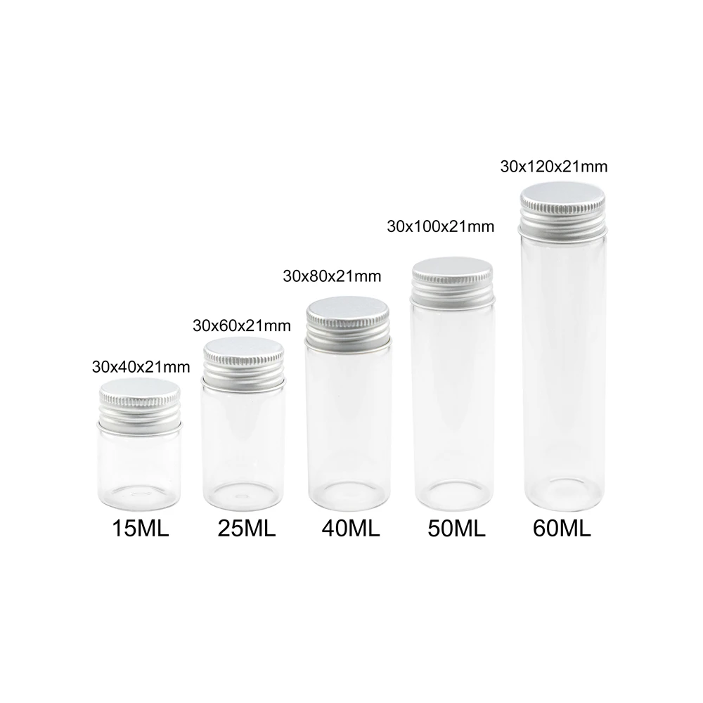 

12Pcs Clear Glass Bottles Empty 15ml 25ml 40ml 50ml 60ml Gifts Pot Silver Screw Aluminum Lid Refillable Vials Candy Tank