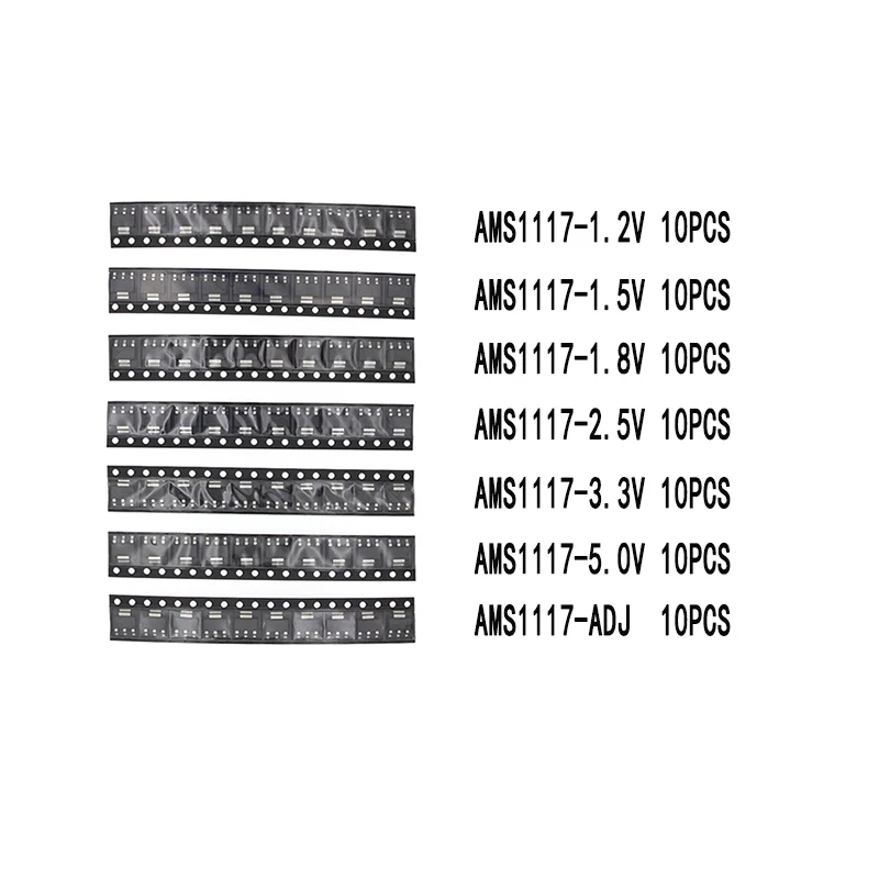 70/LOTE AMS1117 Voltage Regulator Kit 1.2V/1.5V/1.8V/2.5V/3.3V/5.0V/ADJ 1117 7 Values Each 10PCS SOT223