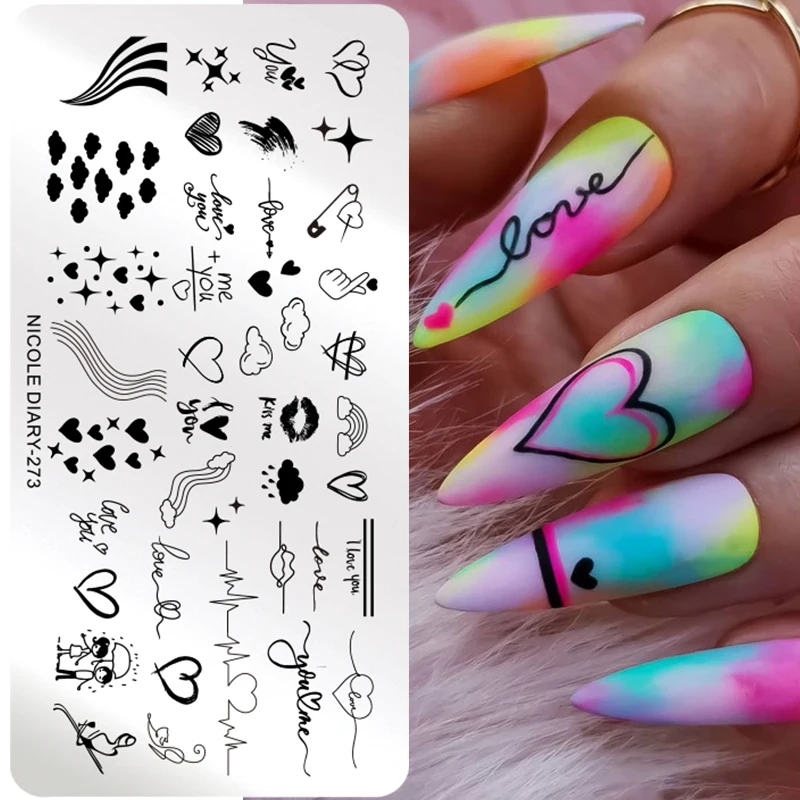 NICOLE DIARY Valentine\'s Day Nail Stamping Plates Heart Love Lines Nail Art Plate Stainless Steel Templates Printing Stencil