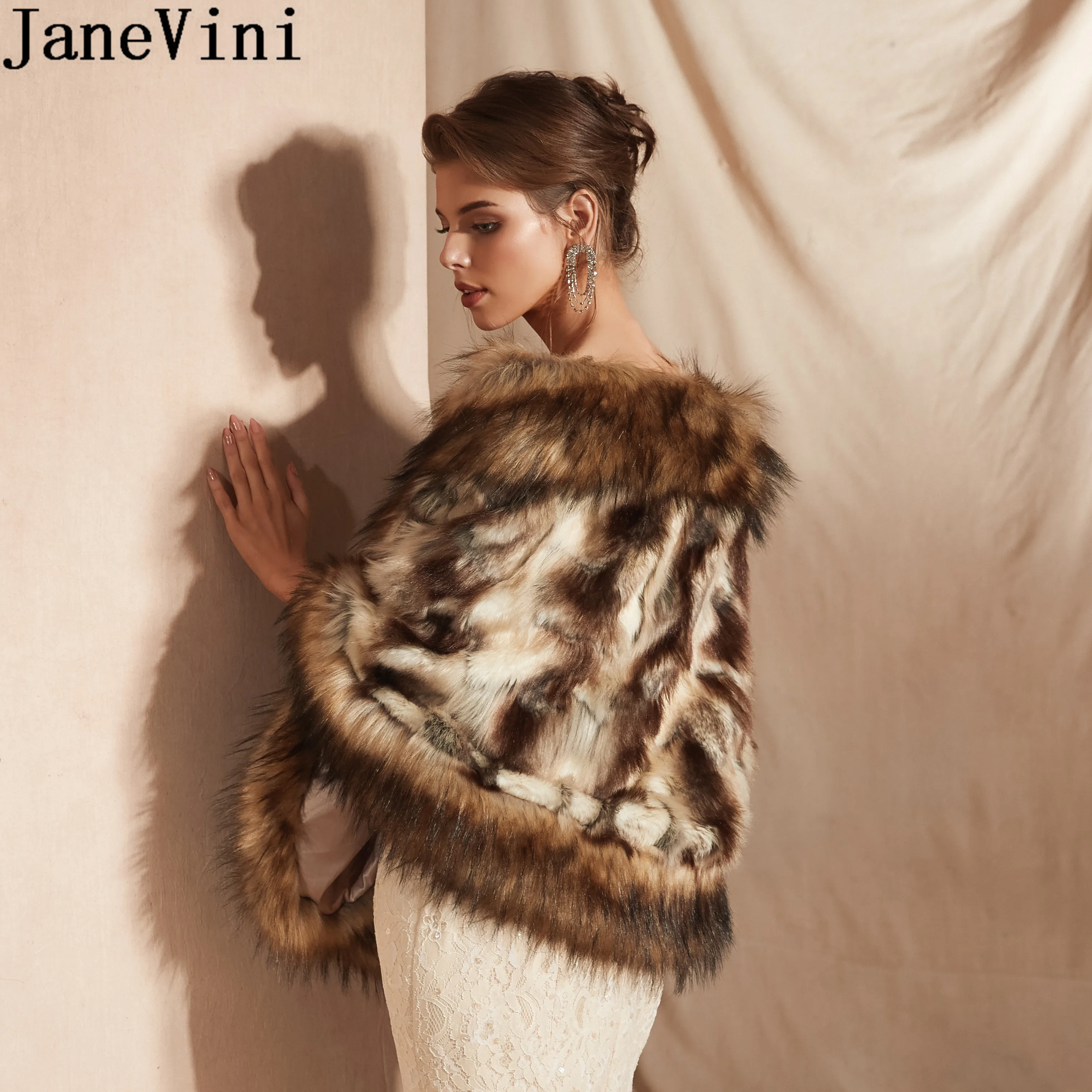 Janevini Fashion Wanita Bulu Imitasi Bungkus Pernikahan Musim Dingin Mantel Etole Sexy Leopard Pengantin Selendang Jaket Gaun Malam Bulu Bungkus Mencuri