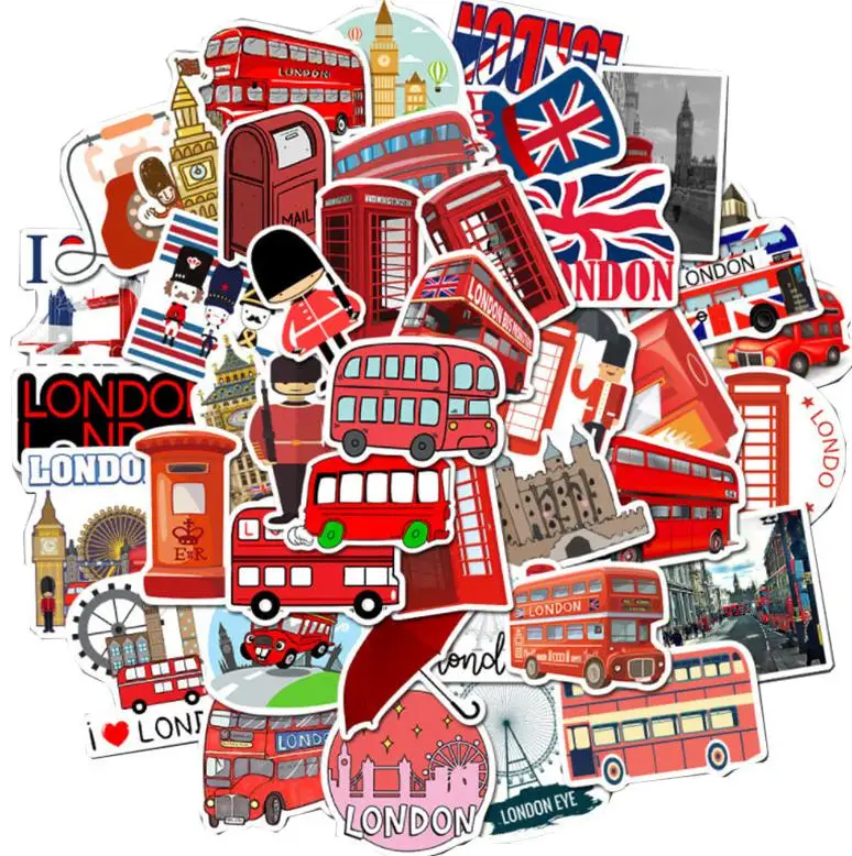

10/30/50pcs London Red Bus Phone Booth Sticker School Student Diary Hand Ledger Stationery Mobile Phone Guitar Decoration Toys