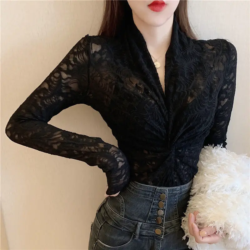 Elegant Gauze Lace Hook Flower Hollow Blouses 2023 Spring Autumn New Sexy V-Neck Slim Long Sleeve Blouse Women's Clothing Shirts