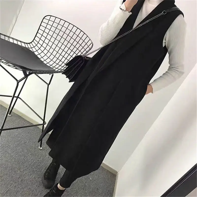 Autumn Winter New Korean Woolen Suit Vest Slim Casual Split Long Sleeveless Jacket Waistcoat Large Size Women\'s Clothing f1514