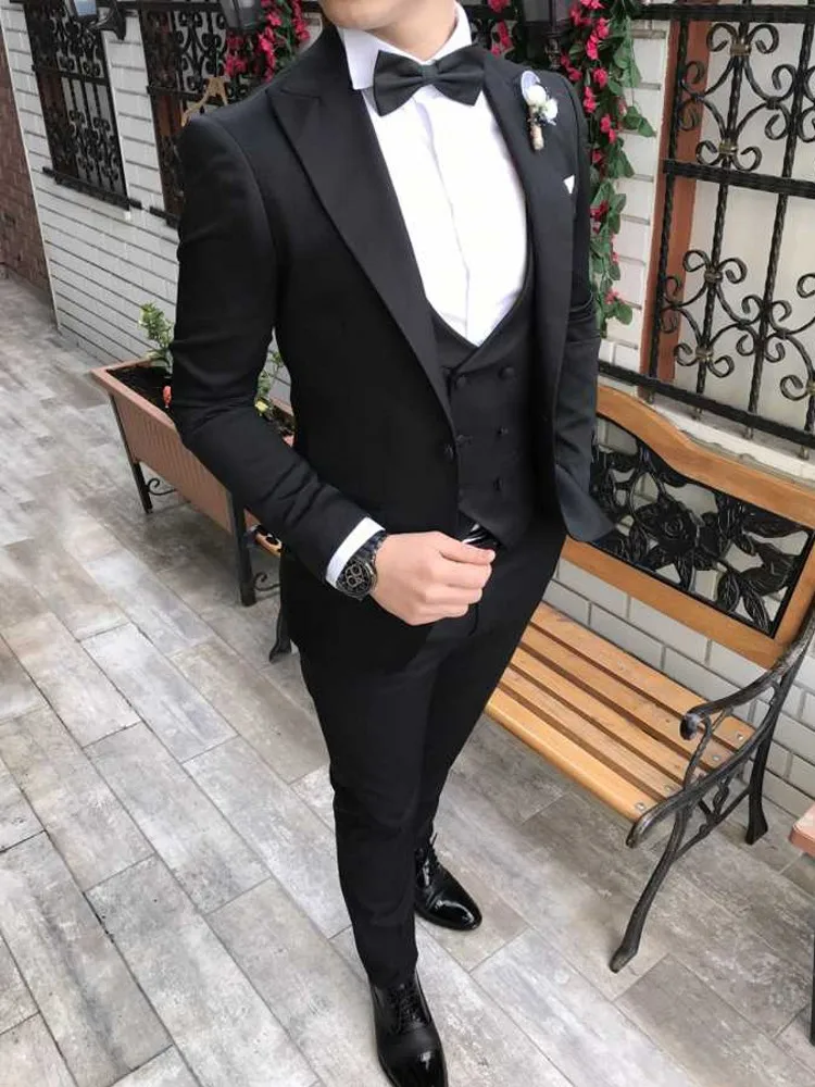 

Custom Made Men Suits Black Groom Tuxedos Peak Lapel Groomsmen Wedding Best Man 3 Pieces ( Jacket+Pants+Vest+Tie ) C890