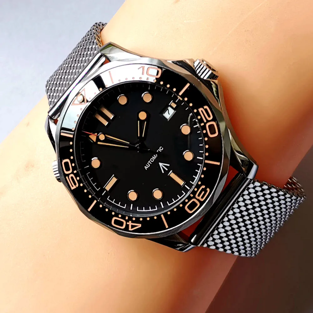 41MM Black Dial Mesh Strap PT5000 NH35 MIYOTA8215 MINGZHU2813 Automatic Men Watch Sapphire Glass Date Indicator Orange Markers