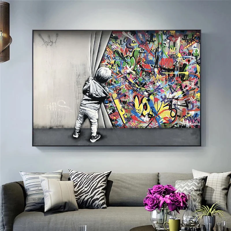 

Street Art Banksy Graffiti Wall Art Behind The Curtain Canvas Paintings Cuadros Wall Art Pictures for Home Decor (No Frame)