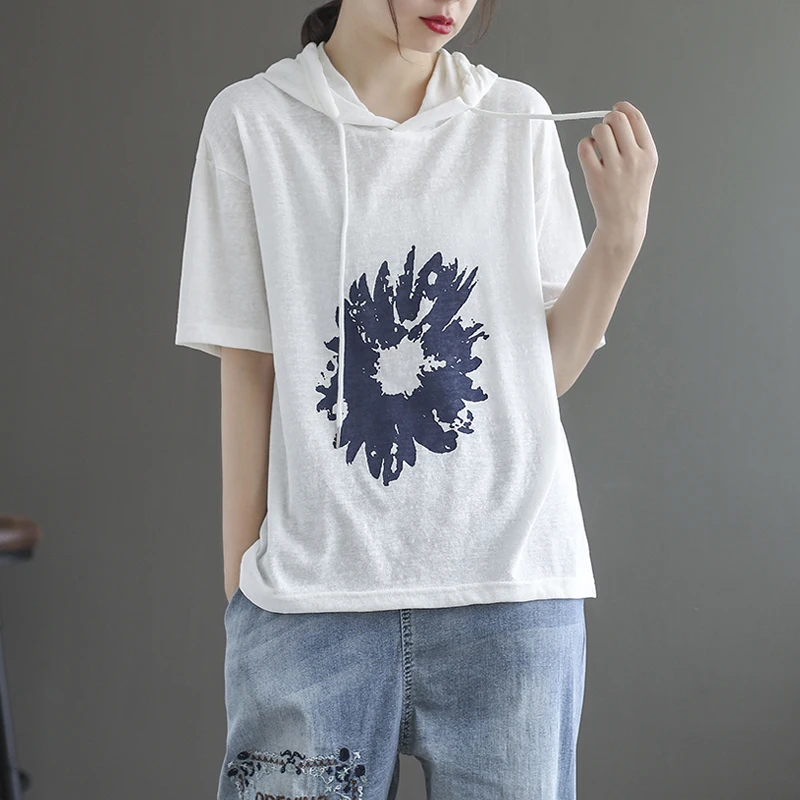 Daisy Printed Cotton And Linen Hooded Shirt Female Woman T-shirts Women Short-Sleeve 2021 Summer Loose White Tshirt Fashion Top