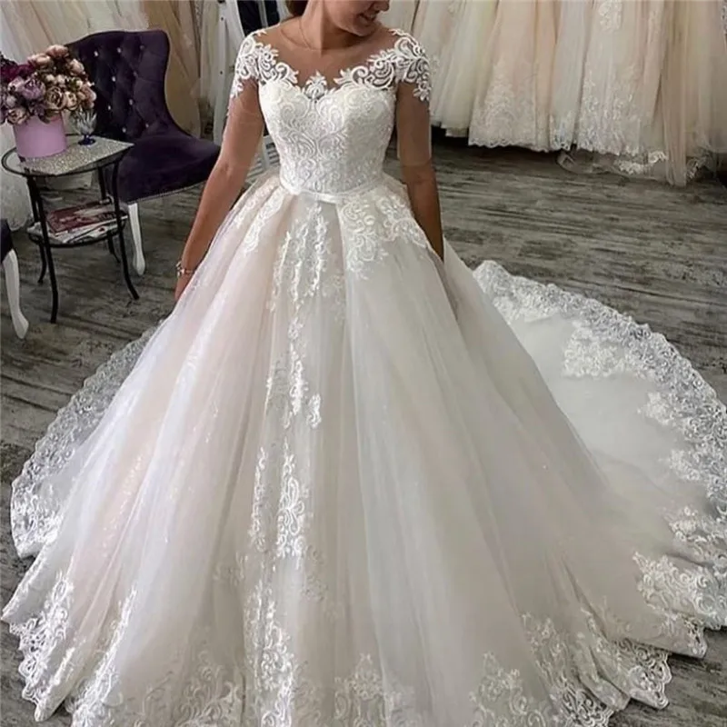 Một Dòng Cổ Tròn Váy Áo Tay Lửng 2020 Ren Táo Đầm Vestido De Noiva Tự Làm Tất Đầm Cô Dâu Với xe Lửa