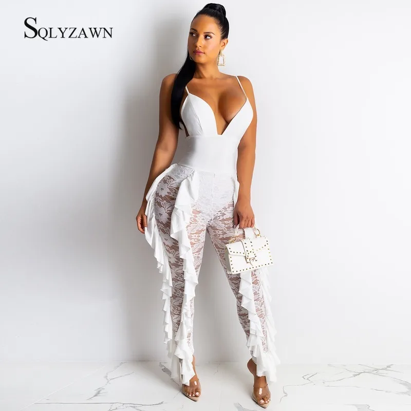 

Sexy Flower Lace Mesh Bodycon Jumpsuit Women Summer Autumn V Neck Fashion White Black Neon Overalls Streetwear Ruffle Rompers