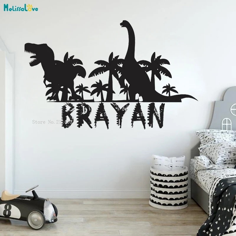 Custom Name Dinosaur Wall Sticker The Battle Between Carnivorous And HerbivorousKids Boy Room Self-adhesive Nursery Decal YT4303