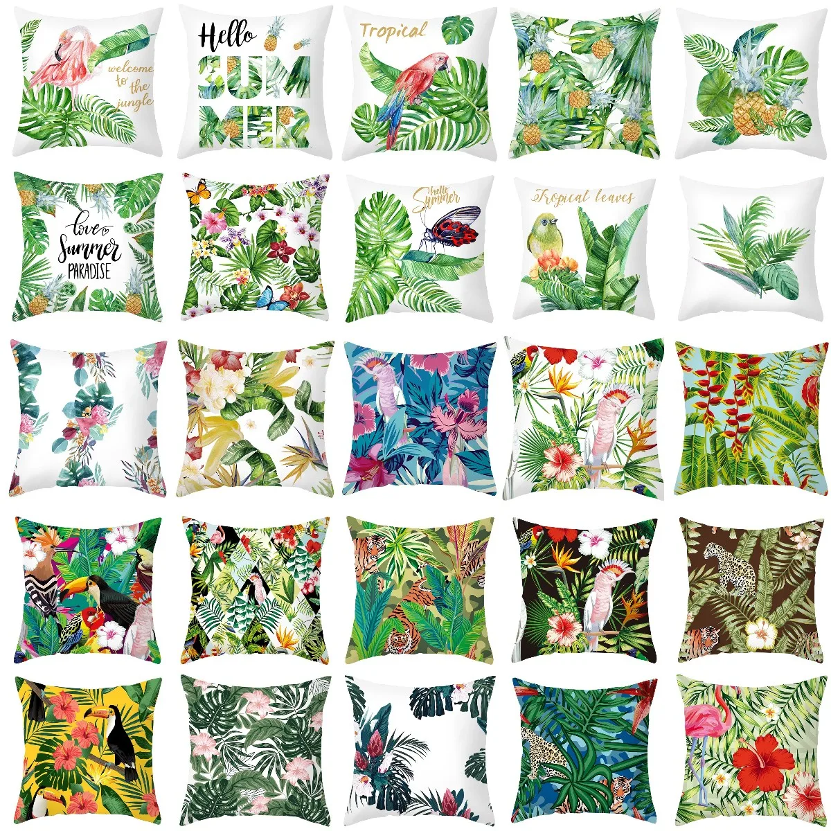 Funda de cojín de la serie de jungla Tropical de verano, cubierta de almohadas con estampado de hojas tropicales, flores y pájaros, nórdica, para sofá